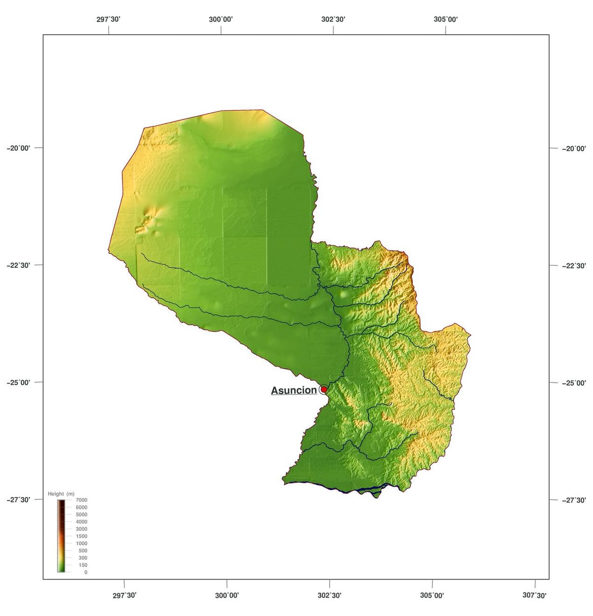 Mapa fyzickej Paraguaj